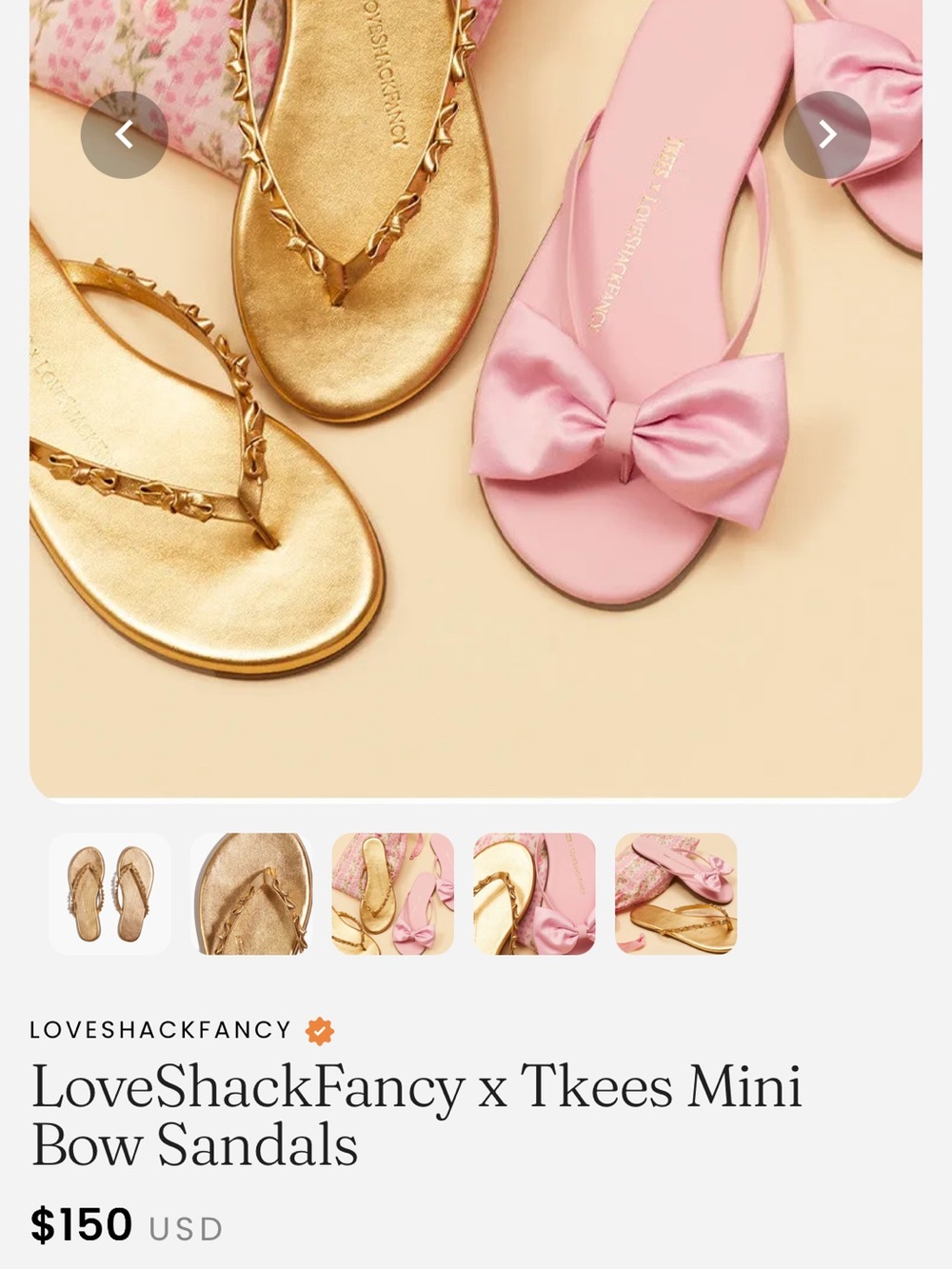 Loveshackfancy Tkees mini bow gold flip flop sandals